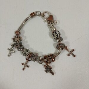 Vintage Premier Designs Two Tone Silver Bronze Cross Charm Bracelet 7.5"